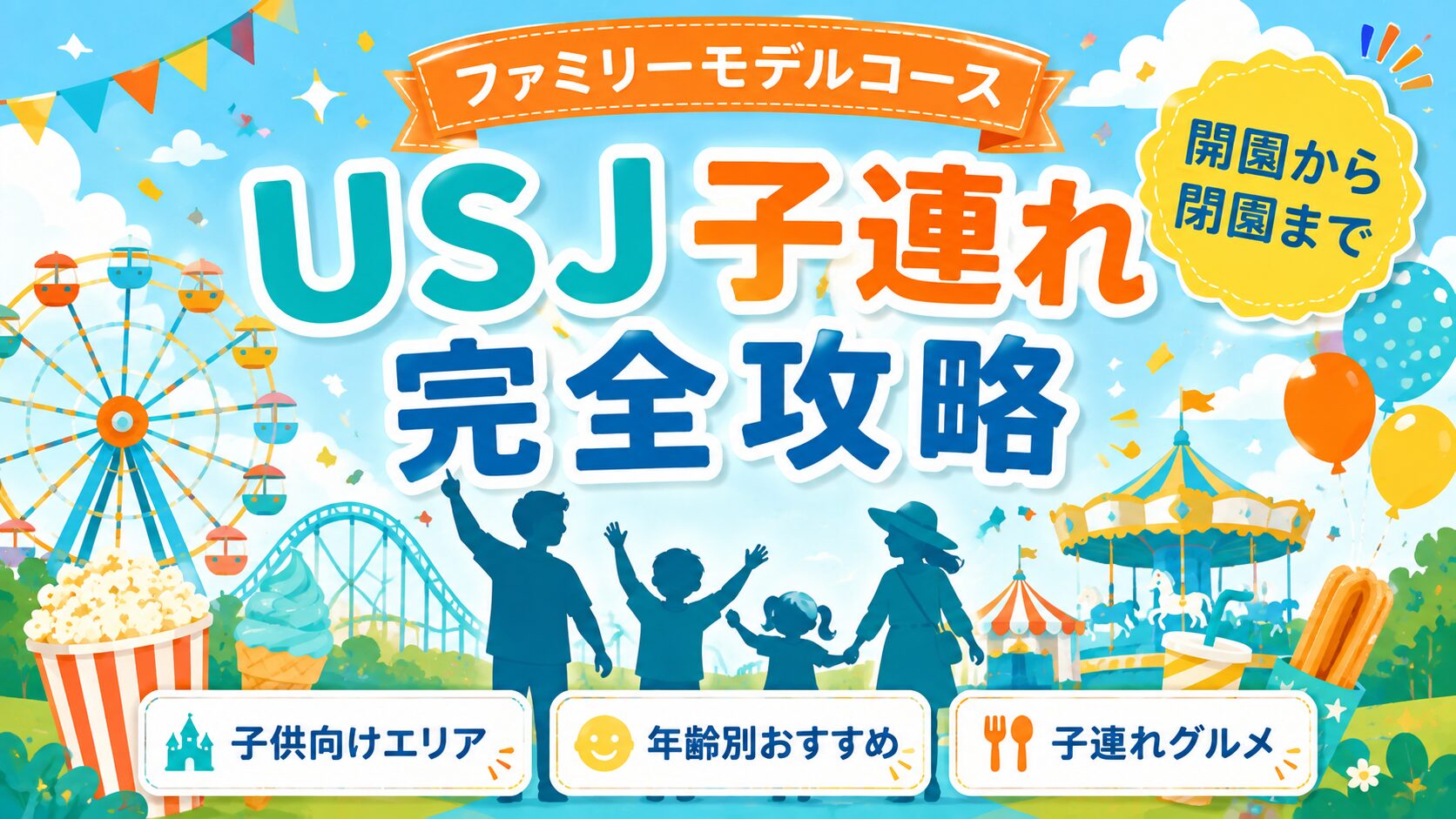 「USJ子連れ完全攻略」と書かれたバナー画像。青空の下、観覧車・ジェットコースター・メリーゴーランドと、手を上げてはしゃぐ家族4人のシルエット、ポップコーンとソフトクリーム、風船と旗。「ファミリーモデルコース」「開園から閉園まで」「子供向けエリア」「年齢別おすすめ」「子連れグルメ」の文字入り