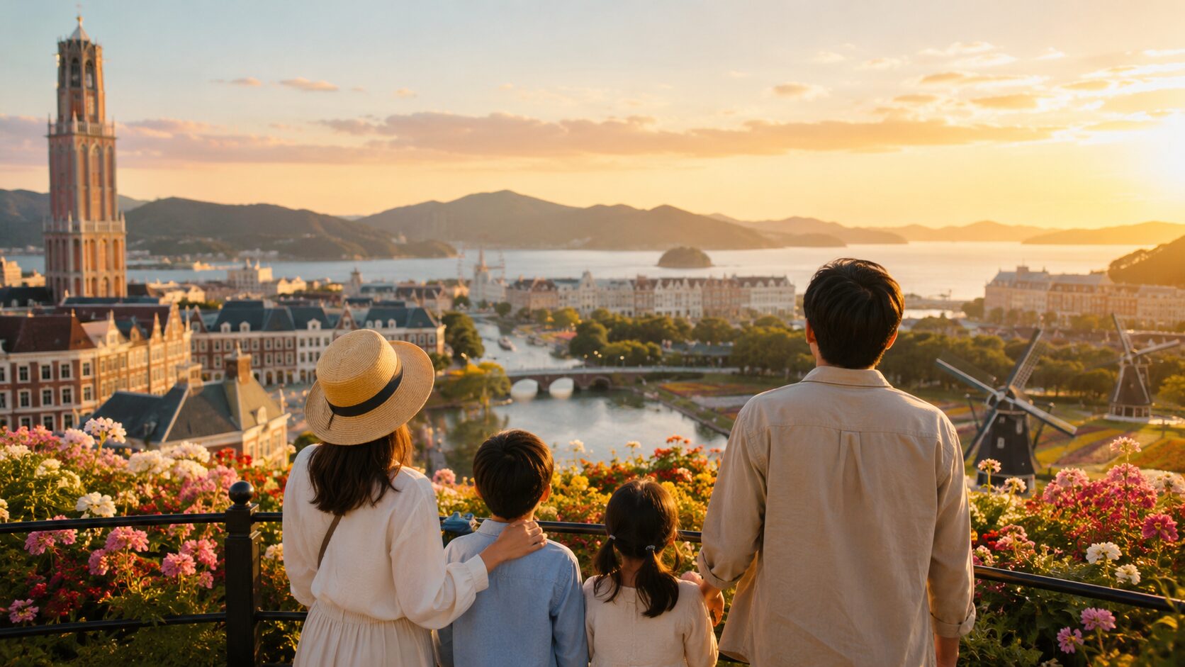ハウステンボス ファミリー 夕暮れ 絶景 風車 運河 長崎