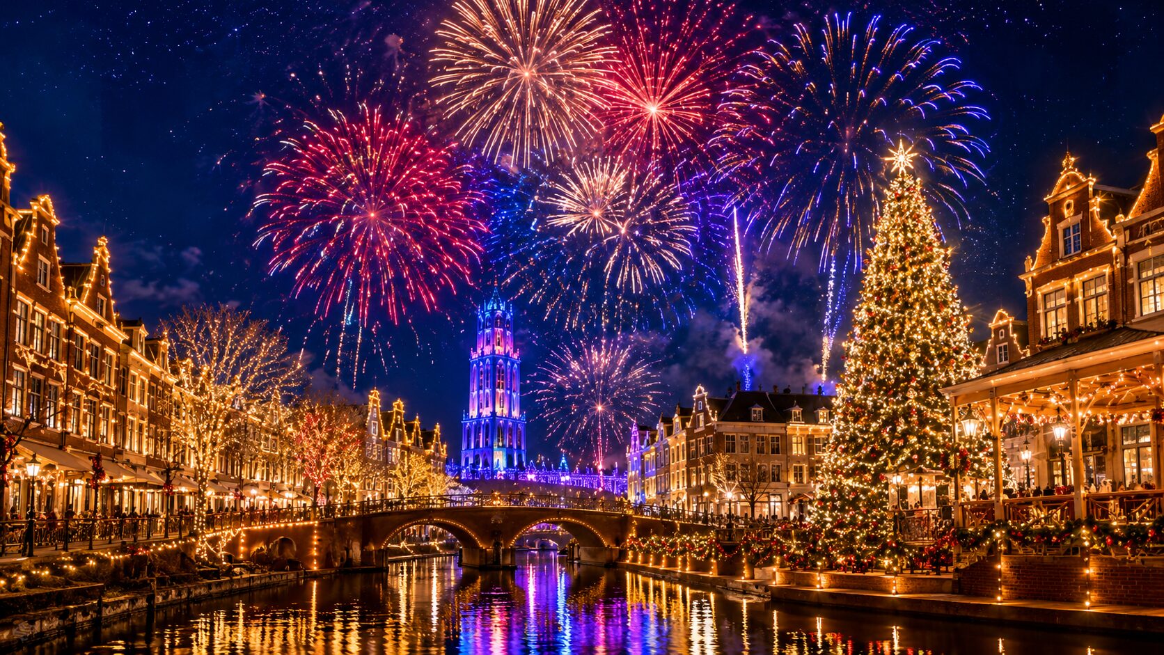 ハウステンボス クリスマス 花火 カウントダウン 運河 夜景