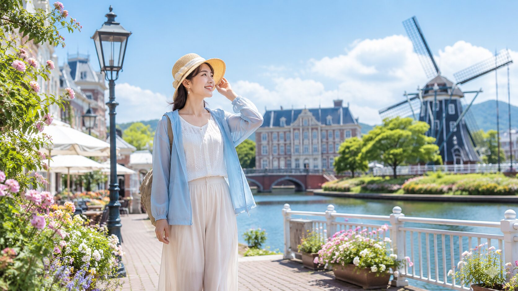 ハウステンボス 夏コーデ 麦わら帽子と風車
