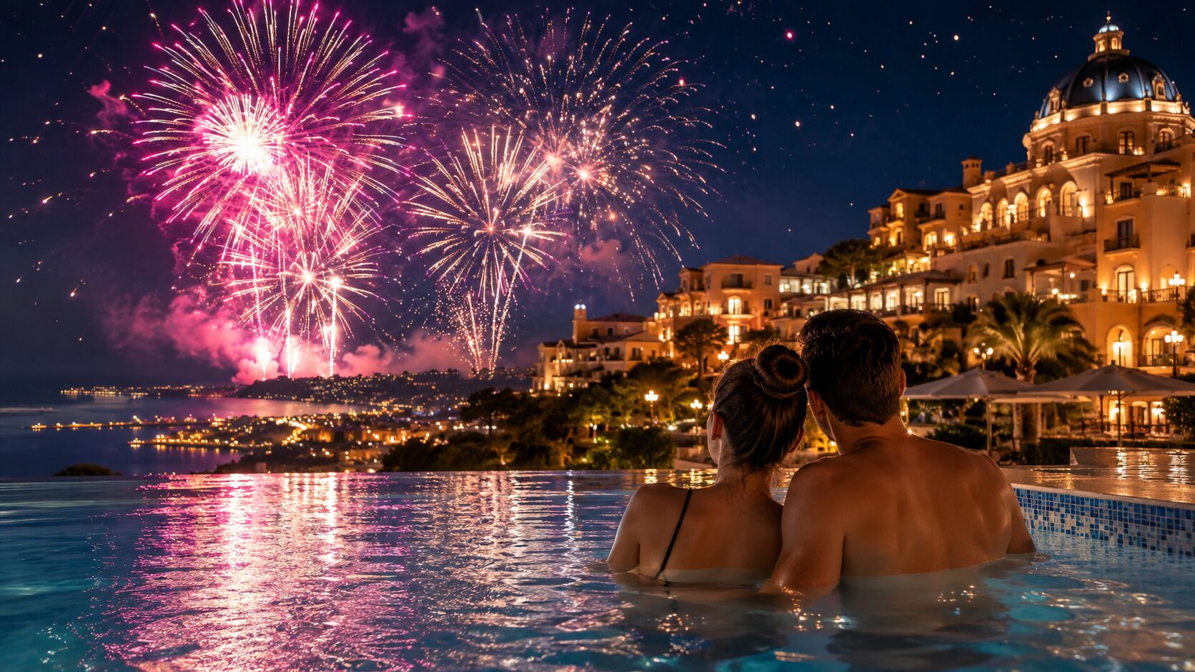 ハウステンボス プール 花火 カップル 夜景