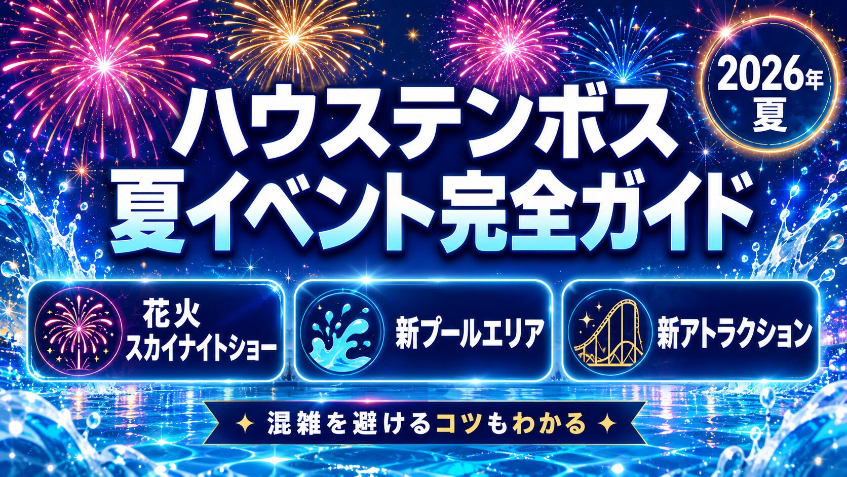 ハウステンボスの夏イベント完全ガイドのアイキャッチ。夜空に打ち上がる色とりどりの花火と、水面のきらめきが描かれている。花火のスカイナイトショー、新プールエリア、新アトラクション、混雑を避けるコツがわかることを示している。