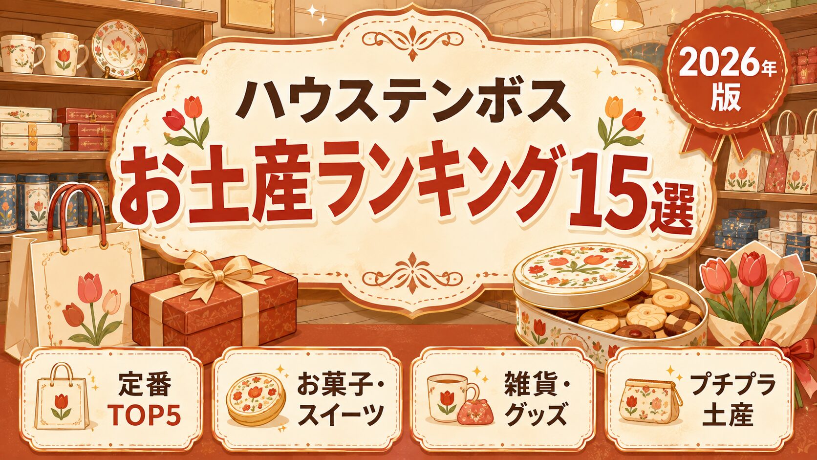 ハウステンボスのお土産ランキング15選のアイキャッチ。お土産店の棚を背景に、紙袋とリボンのかかった箱、クッキーの缶、チューリップが並んでいる。定番TOP5、お菓子・スイーツ、雑貨・グッズ、プチプラ土産がわかることを示している。