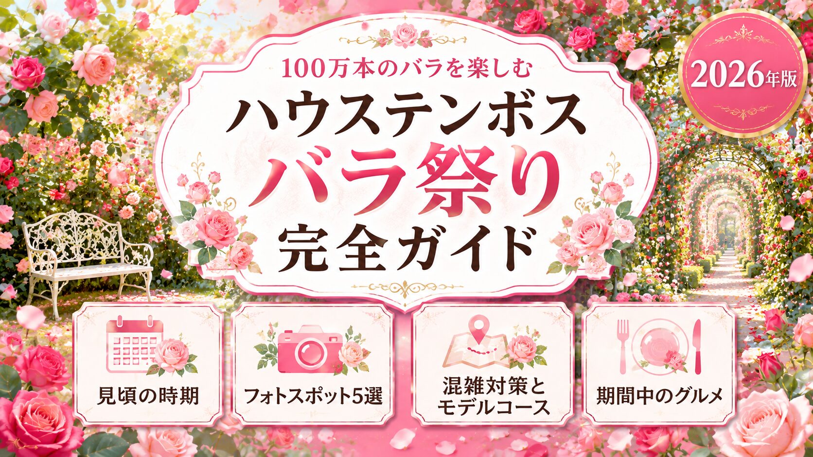 ハウステンボスのバラ祭り完全ガイドのアイキャッチ。淡いピンクのバラのアーチとガーデンのベンチ、こぼれる花びらをやわらかい光で描いている。見頃の時期、フォトスポット5選、混雑対策とモデルコース、期間中のグルメがわかることを示している。