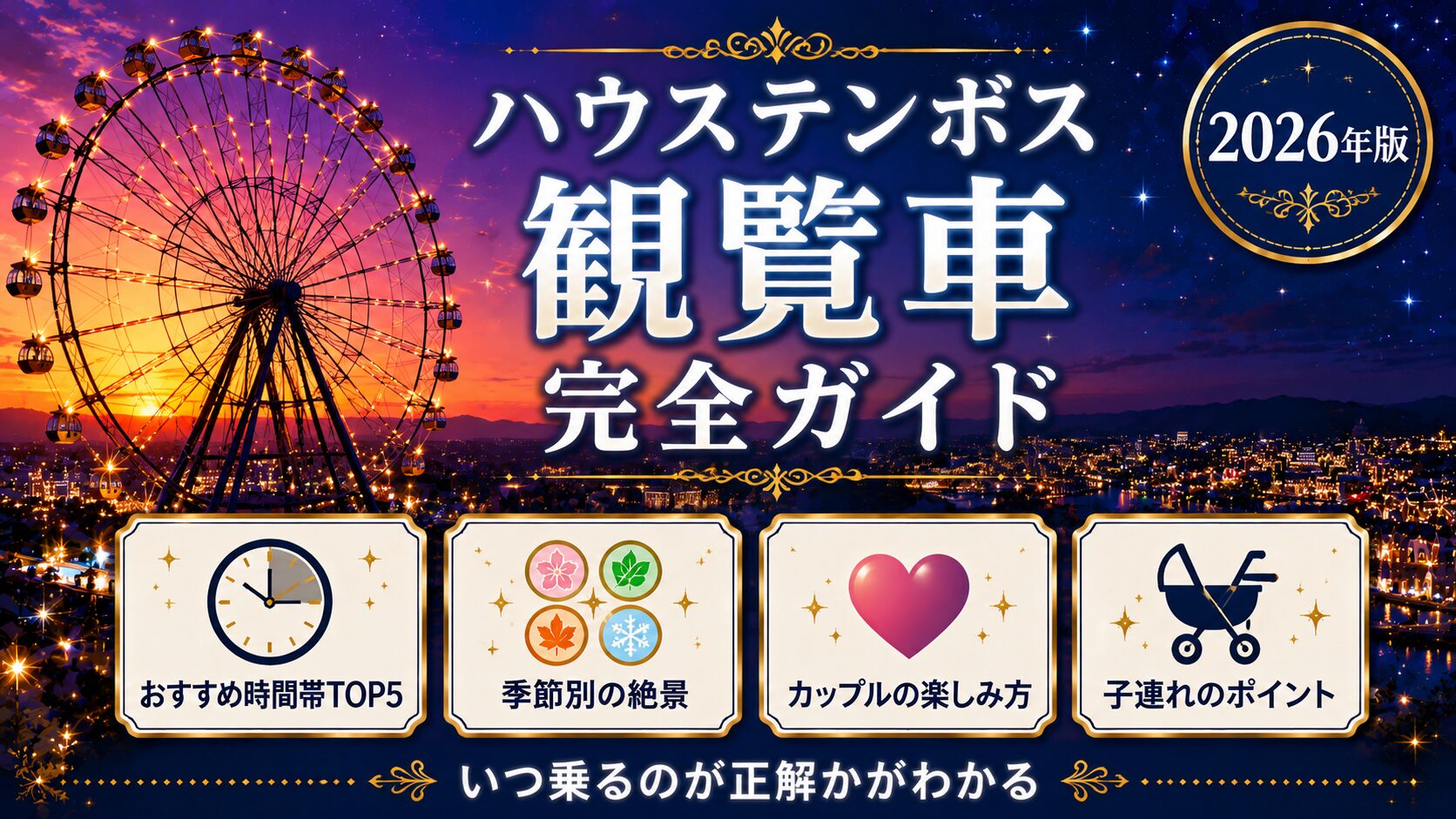 ハウステンボスの観覧車完全ガイドのアイキャッチ。夕暮れから夜へ移ろう空を背景に、灯りをともした観覧車のシルエットと街の夜景を描いている。おすすめ時間帯TOP5、季節別の絶景、カップルの楽しみ方、子連れのポイントがわかり、いつ乗るのが正解かが判断できることを示している。