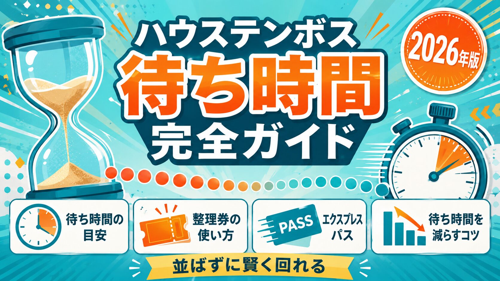 ハウステンボスのアトラクション待ち時間完全ガイドのアイキャッチ。大きな砂時計とストップウォッチ、整理券のチケットをターコイズ色で描いている。待ち時間の目安、整理券の使い方、エクスプレスパス、待ち時間を減らすコツがわかり、並ばずに賢く回れることを示している。