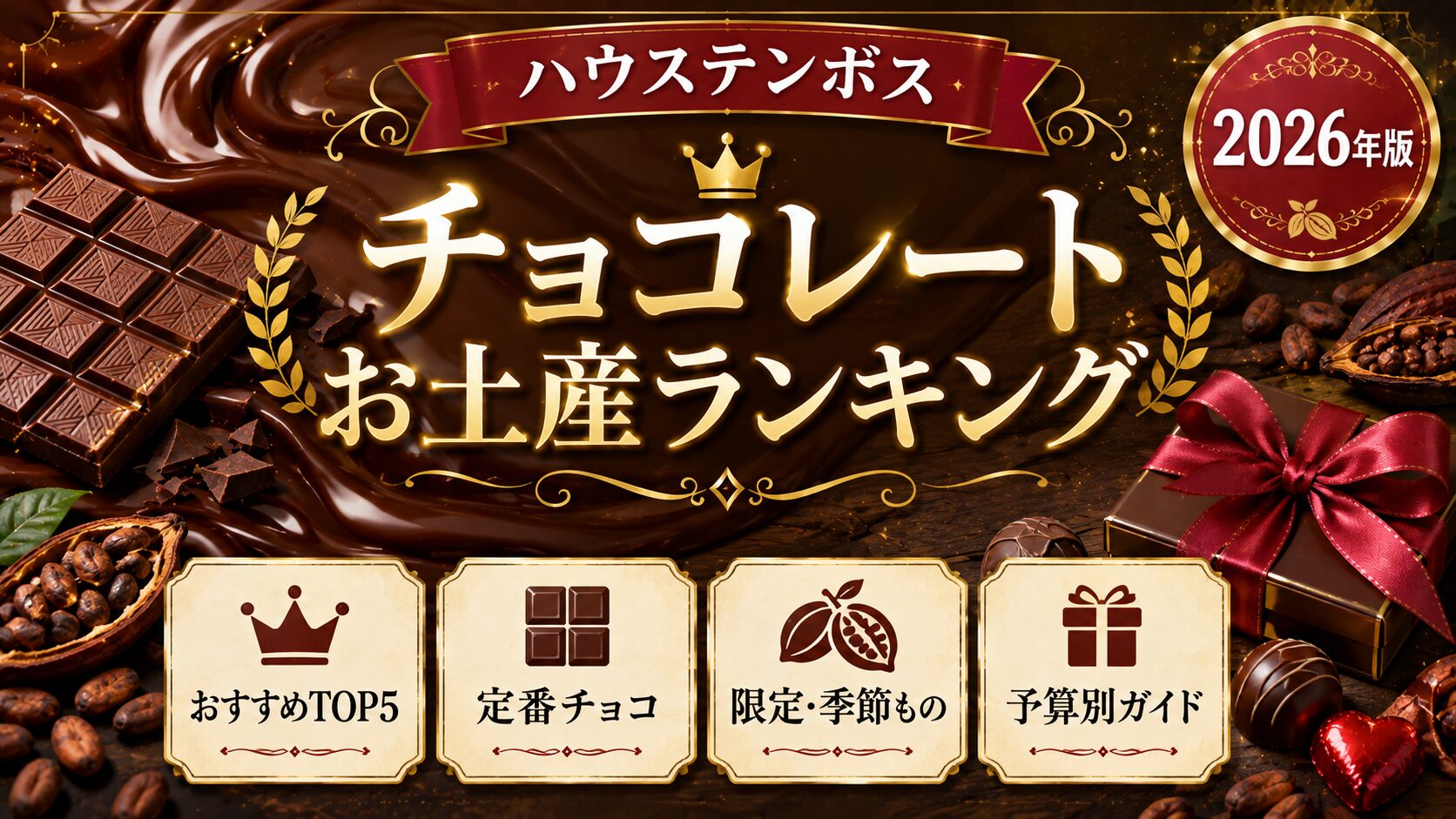 ハウステンボスのチョコレートお土産ランキングのアイキャッチ。なめらかなチョコレートの層と板チョコ、カカオ豆、リボンのかかった小箱を濃いブラウンと金で描いている。おすすめTOP5、定番チョコ、限定や季節もの、予算別ガイドがわかることを示している。