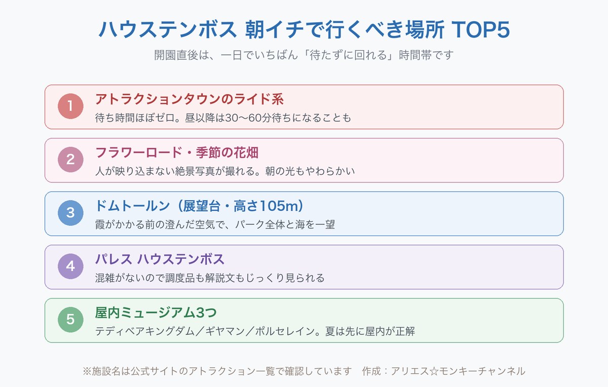 ハウステンボスの開園直後に行くべき場所トップ5をまとめた図。1位はアトラクションタウンのライド系で待ち時間ほぼゼロ、昼以降は30〜60分待ちになることも。2位はフラワーロード・季節の花畑で人が映り込まない写真が撮れる。3位は高さ105メートルのドムトールン展望台。4位はパレス ハウステンボス。5位はテディベアキングダム・ギヤマン・ポルセレインの屋内ミュージアム3つ。